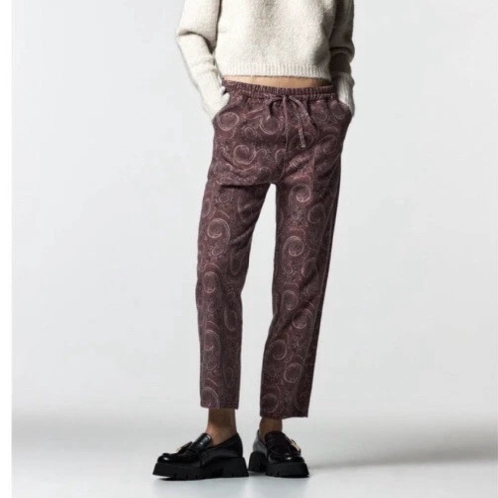 ZARA Paisley Print Pants Size S Burgundy Elastic Waist Drawstring Casual Pants